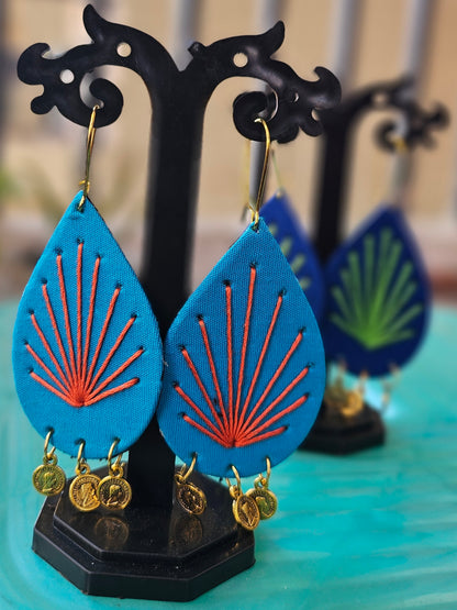 Hand-Embroidered Teardrop Earrings with Coin Accents - Aqua & Orange