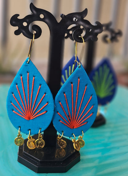 Hand-Embroidered Teardrop Earrings with Coin Accents - Aqua & Orange