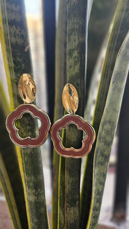 Modern Brown & Gold Flower-Shaped Drop Earrings