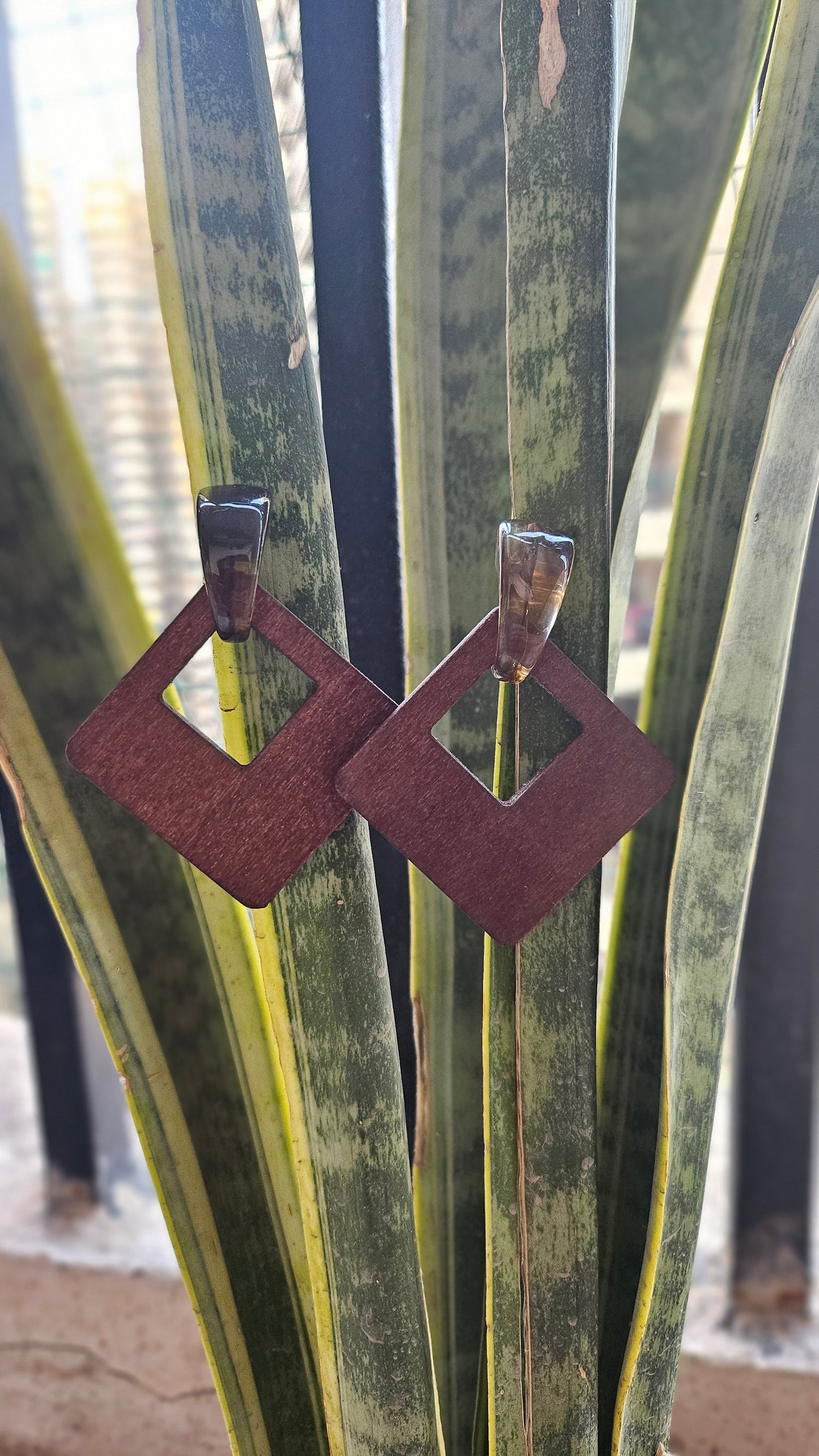 Boho Square Shaped Wood Drop Earrings