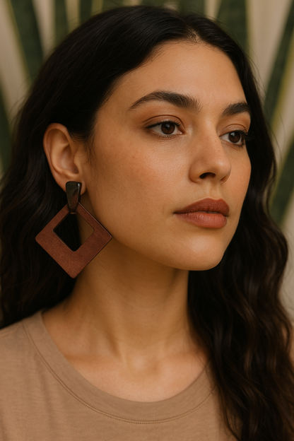 Boho Square Shaped Wood Drop Earrings