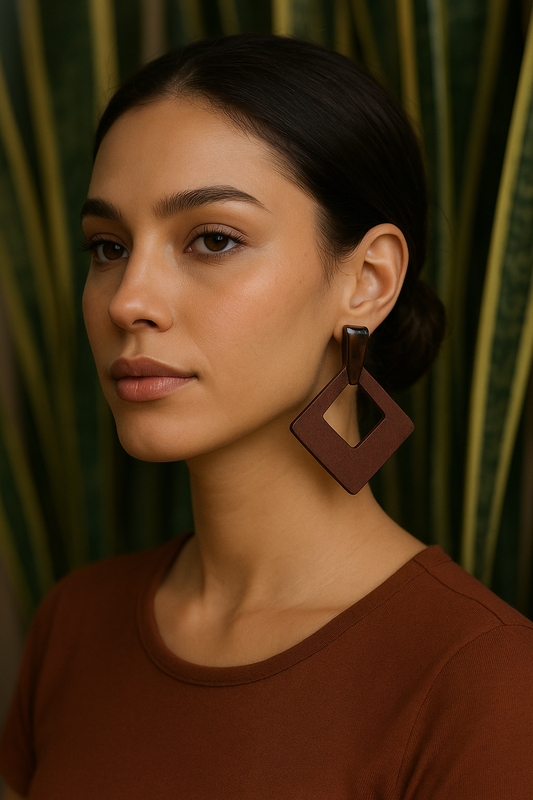 Boho Square Shaped Wood Drop Earrings