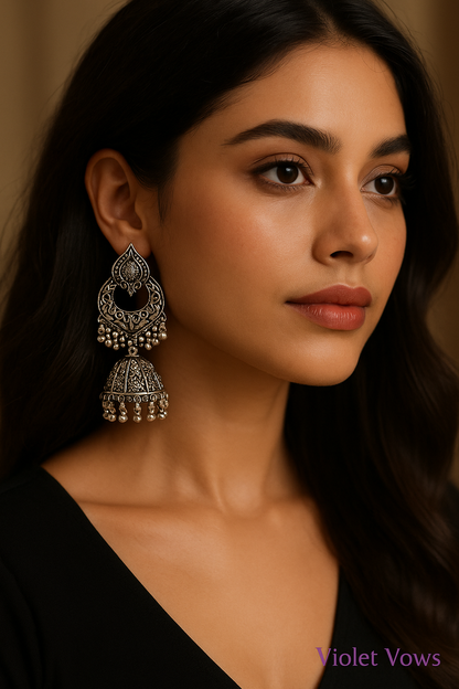 Oxidized Silver Peacock Jhumka Earrings