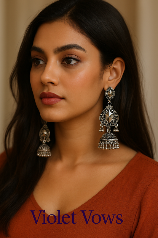 Mirror Work Oxidized Jhumka Earrings