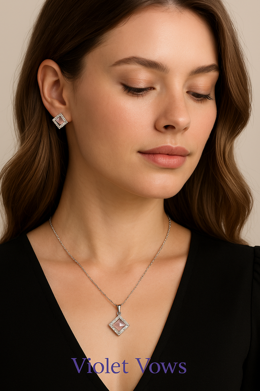 Elegant Square Pink Stone Pendent Set