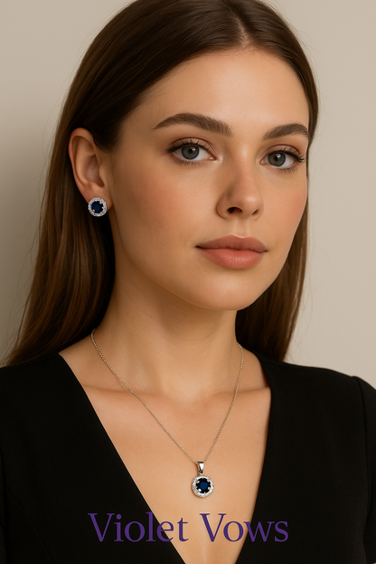 Silver-Plated Cushion Pendant Set with Blue Stones & Crystal Accents