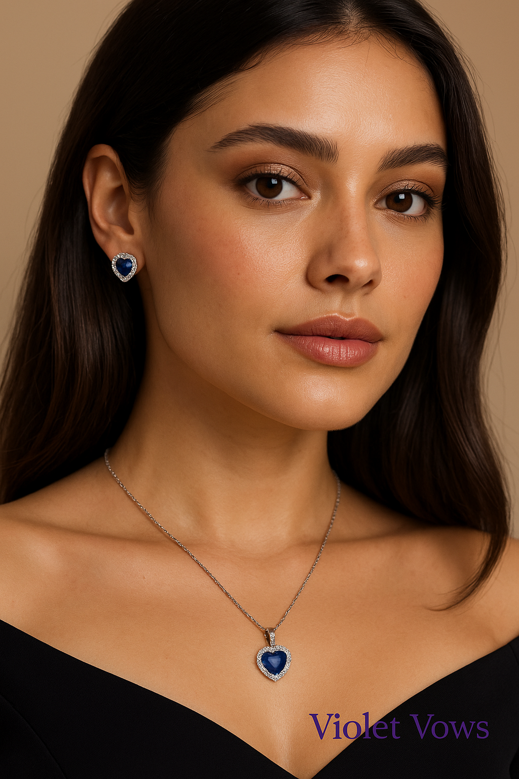 Silver-Plated Heart Pendant Set with Blue Stones & Crystal Accents