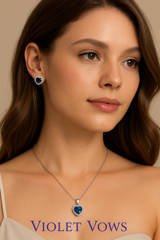 Silver-Plated Heart Pendant Set with Blue Stones & Crystal Accents