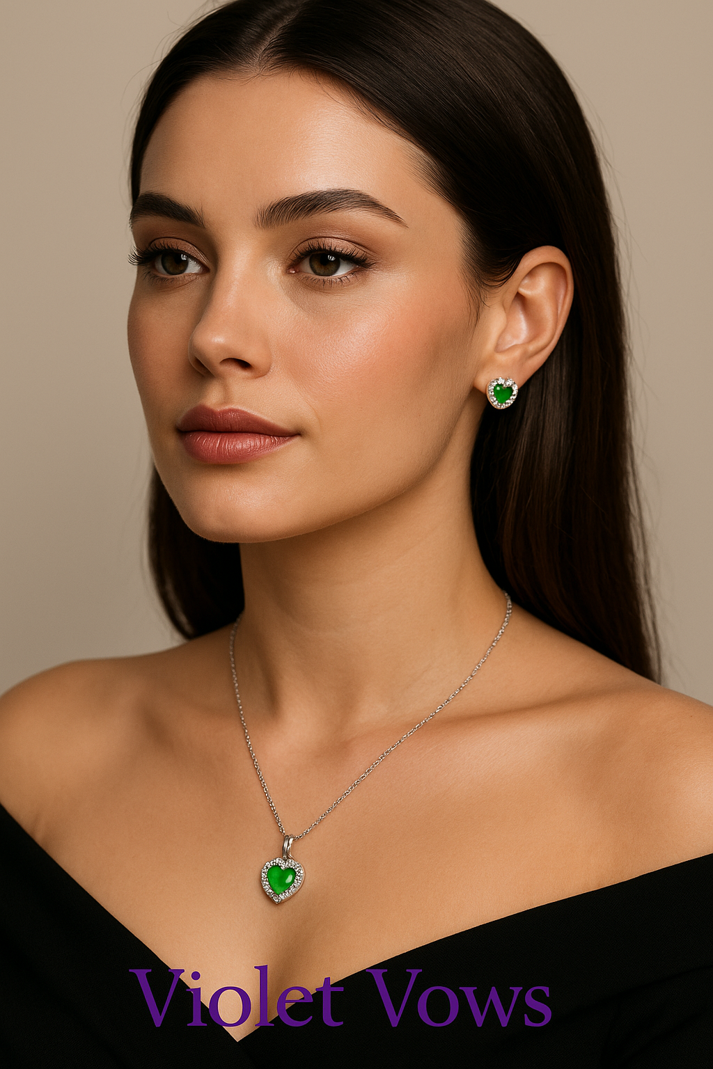 Silver-Plated Heart Pendant Set with Green Stones & Crystal Accents