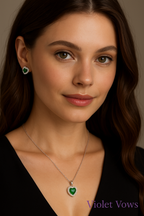 Silver-Plated Heart Pendant Set with Green Stones & Crystal Accents