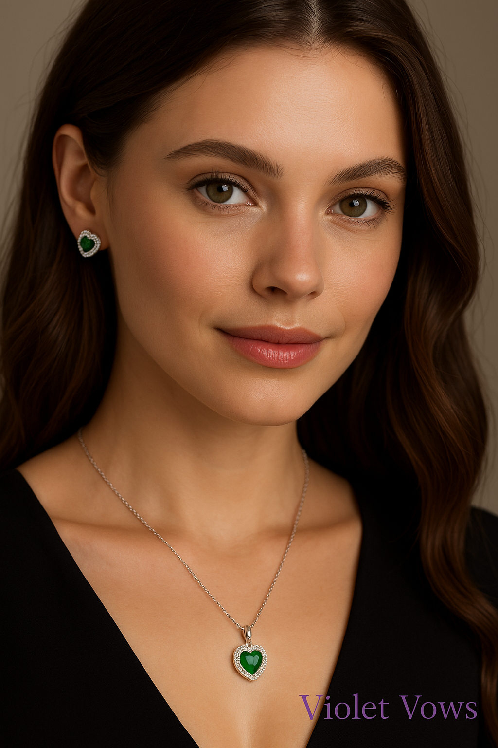 Silver-Plated Heart Pendant Set with Green Stones & Crystal Accents
