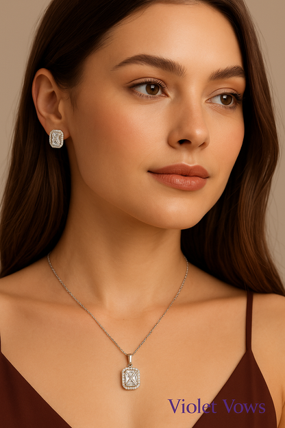 Silver-Plated Square Pendant Set with Clear Stones & Crystal Accents
