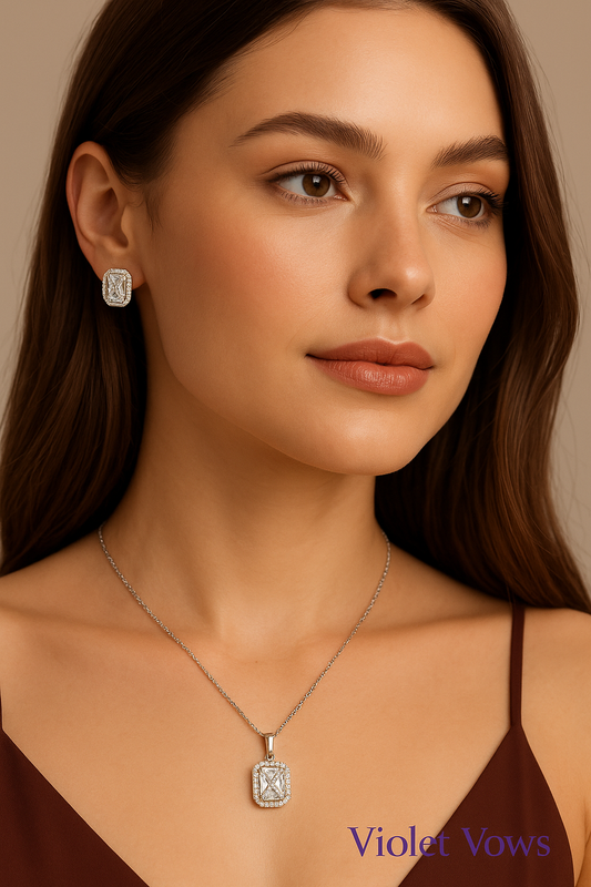 Silver-Plated Square Pendant Set with Clear Stones & Crystal Accents