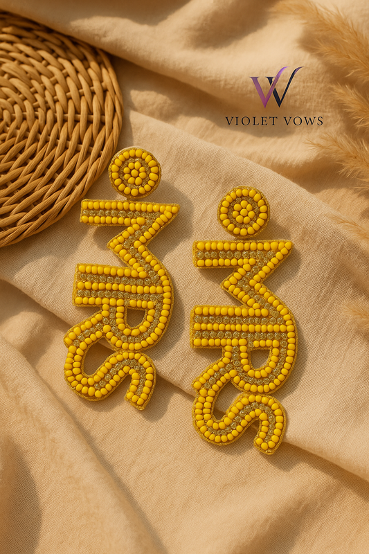 Handcrafted "MRS" Beaded Statement Earrings - Yellow