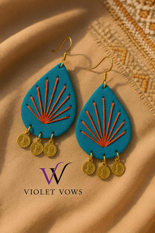 Hand-Embroidered Teardrop Earrings with Coin Accents - Aqua & Orange
