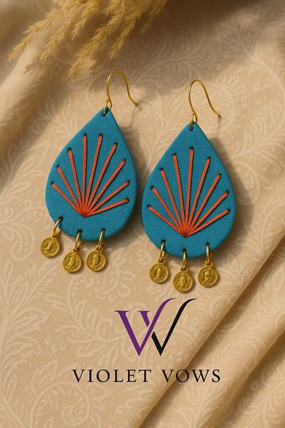Hand-Embroidered Teardrop Earrings with Coin Accents - Aqua & Orange