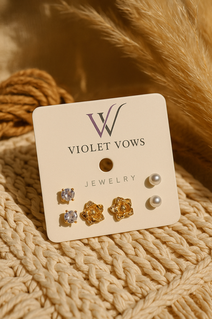 Elegant Trio Stud Earring Set - Gold Flowers, Pearls & Amethyst-Tone Crystals