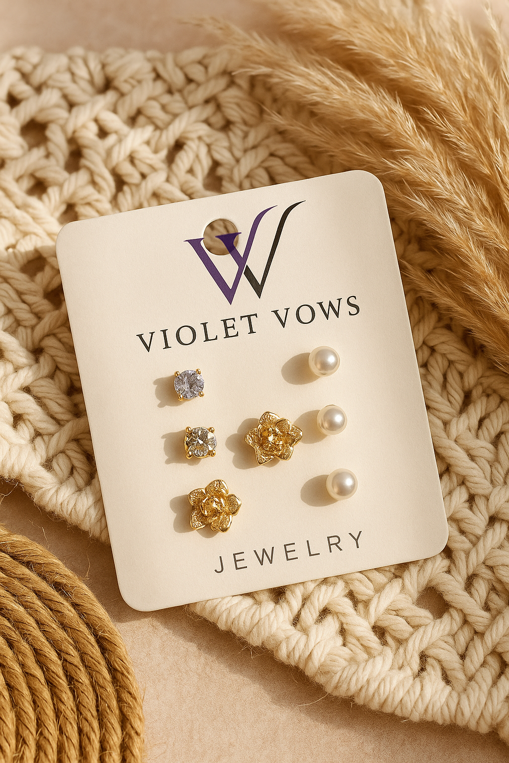 Elegant Trio Stud Earring Set - Gold Flowers, Pearls & Amethyst-Tone Crystals