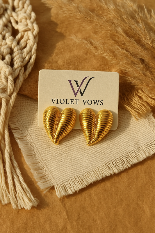 Golden Ribbed Heart Studs