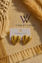 Golden Ribbed Heart Studs