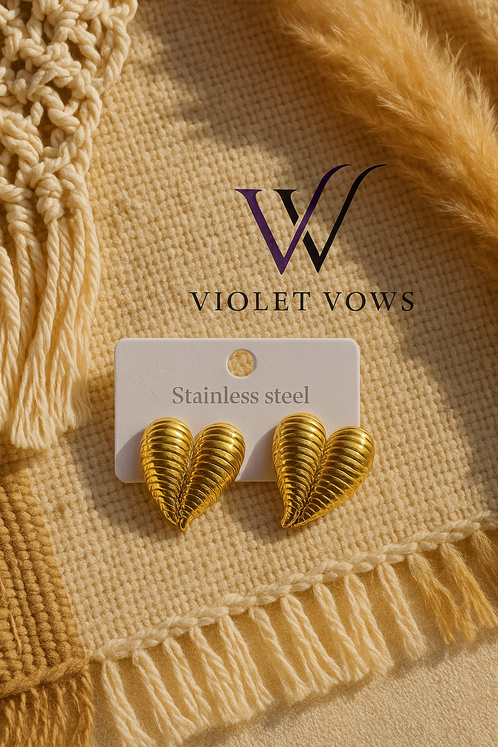 Golden Ribbed Heart Studs