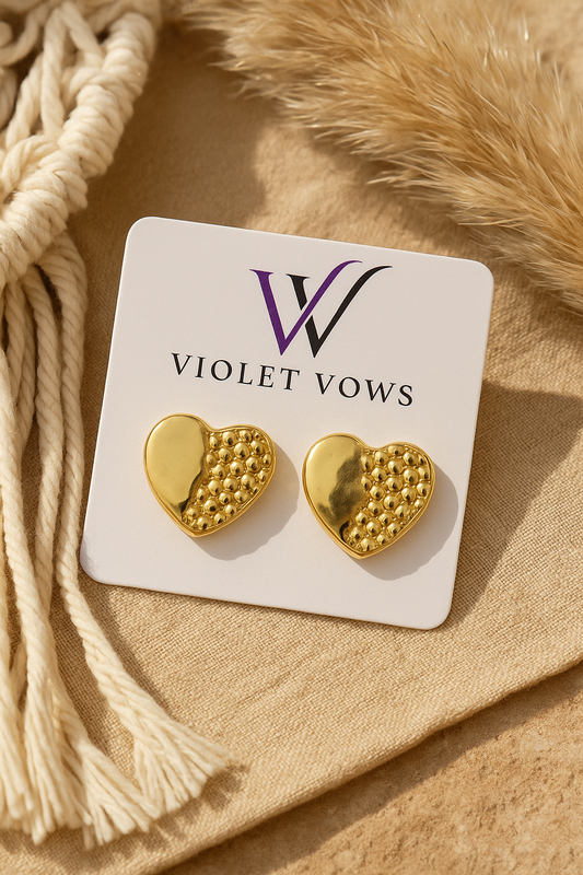Golden Dual-Texture Heart Studs