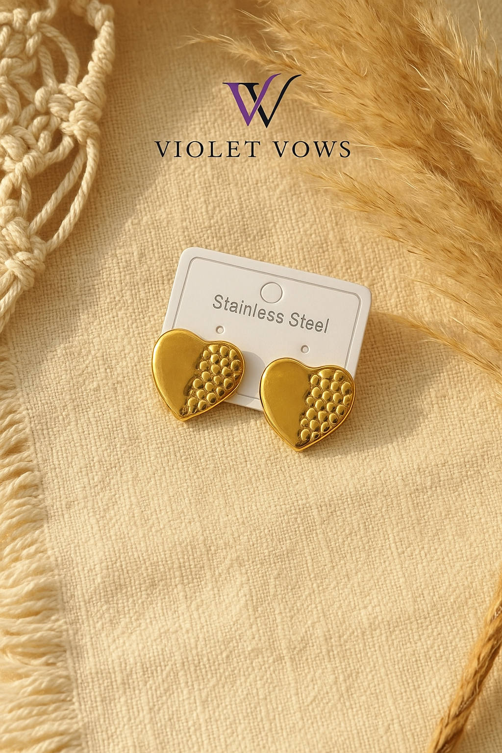 Golden Dual-Texture Heart Studs