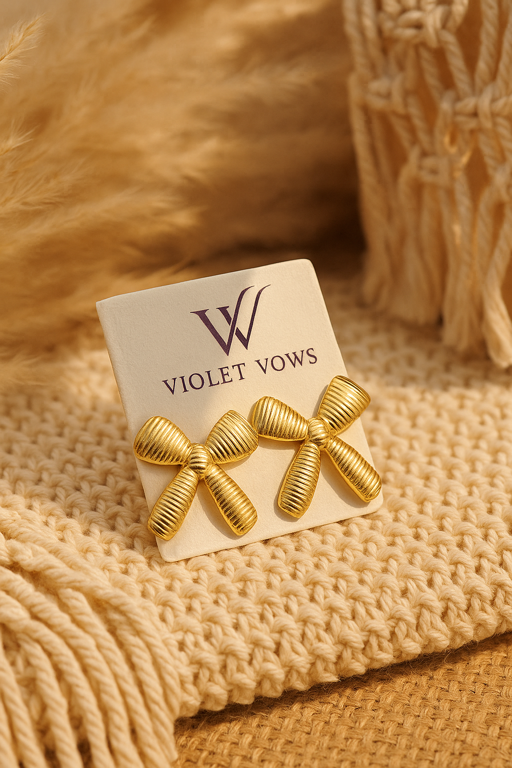 Golden Ribbed Bow Studs