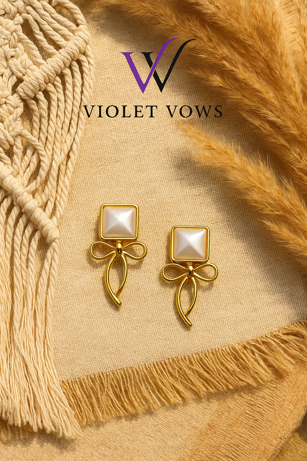 Pearl Square Stud Earrings with Gold Bows