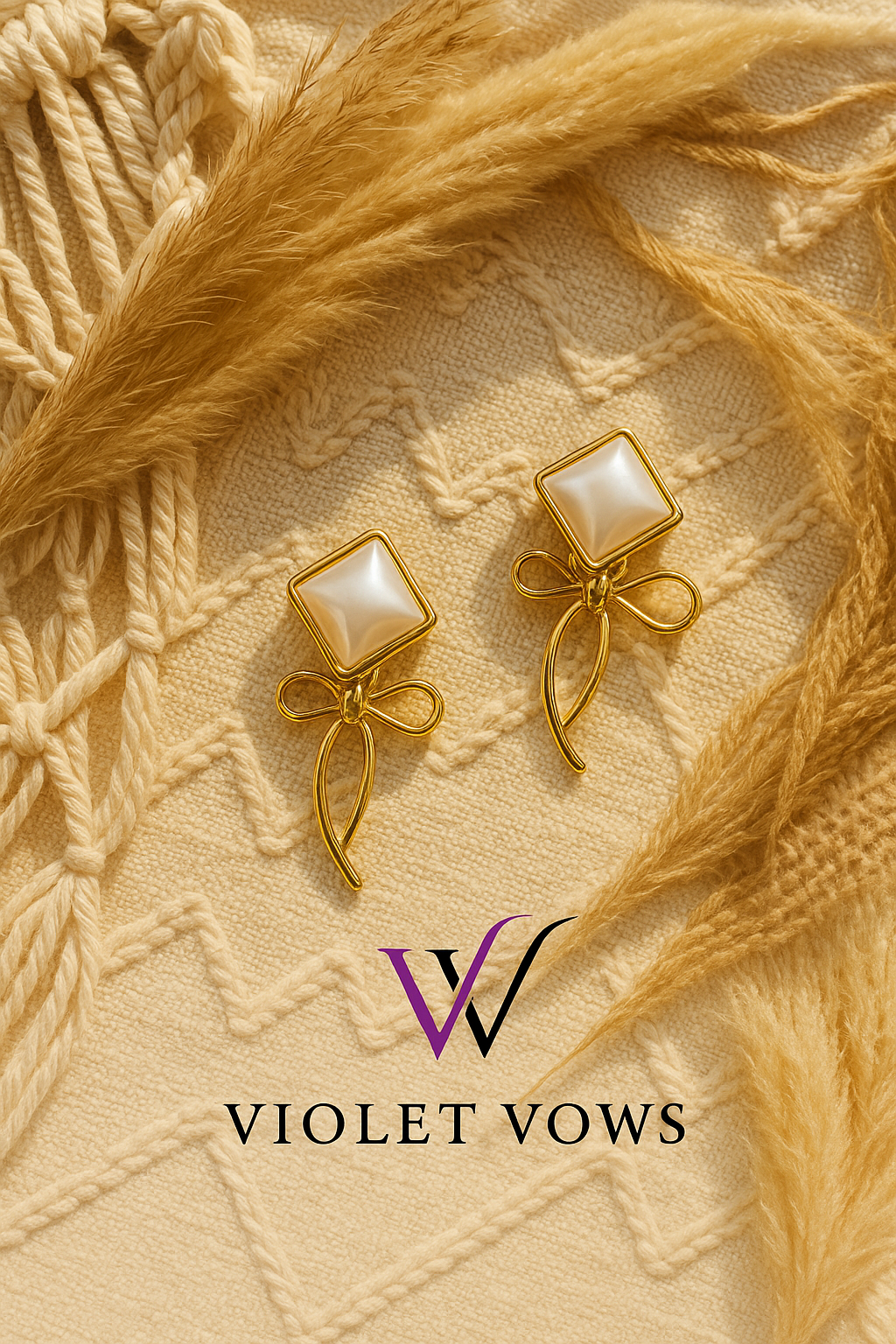 Pearl Square Stud Earrings with Gold Bows