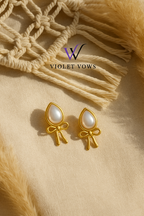 Teardrop Pearl & Gold Bow Earrings