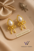Teardrop Pearl & Gold Bow Earrings