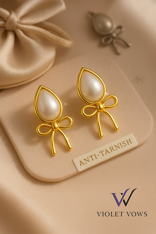 Teardrop Pearl & Gold Bow Earrings