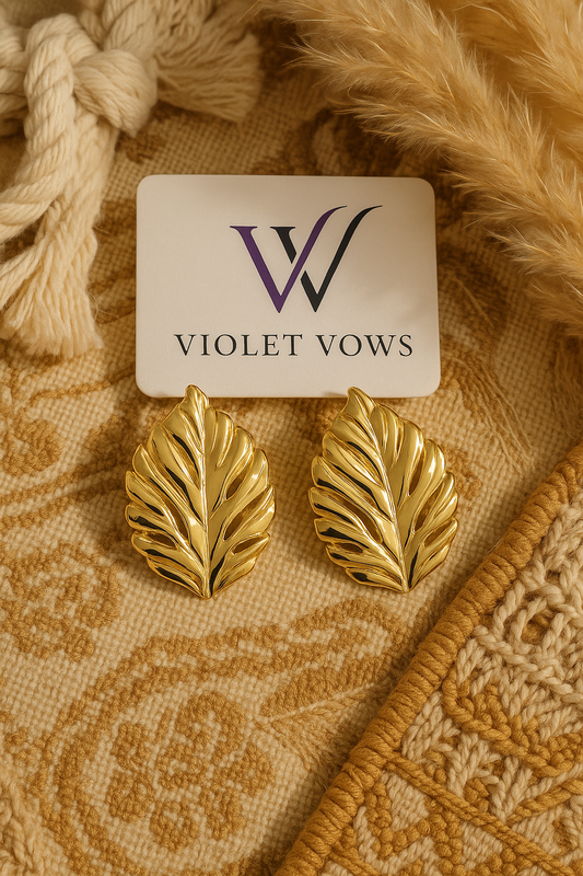 Golden Leaf Earrings - Elegant Botanical Statement Studs