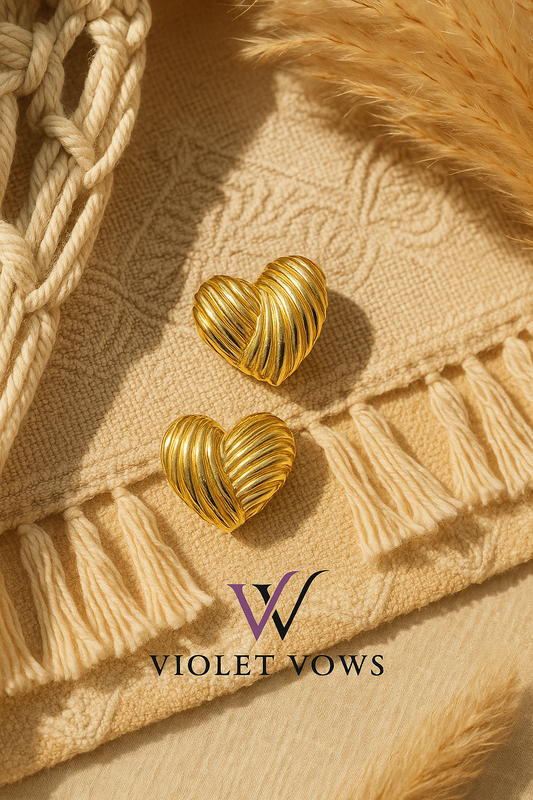 Golden Ribbed Heart Earrings - Romantic Statement Studs