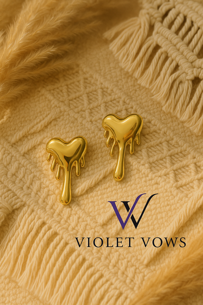 Dripping Gold Heart Earrings - Abstract Statement Studs