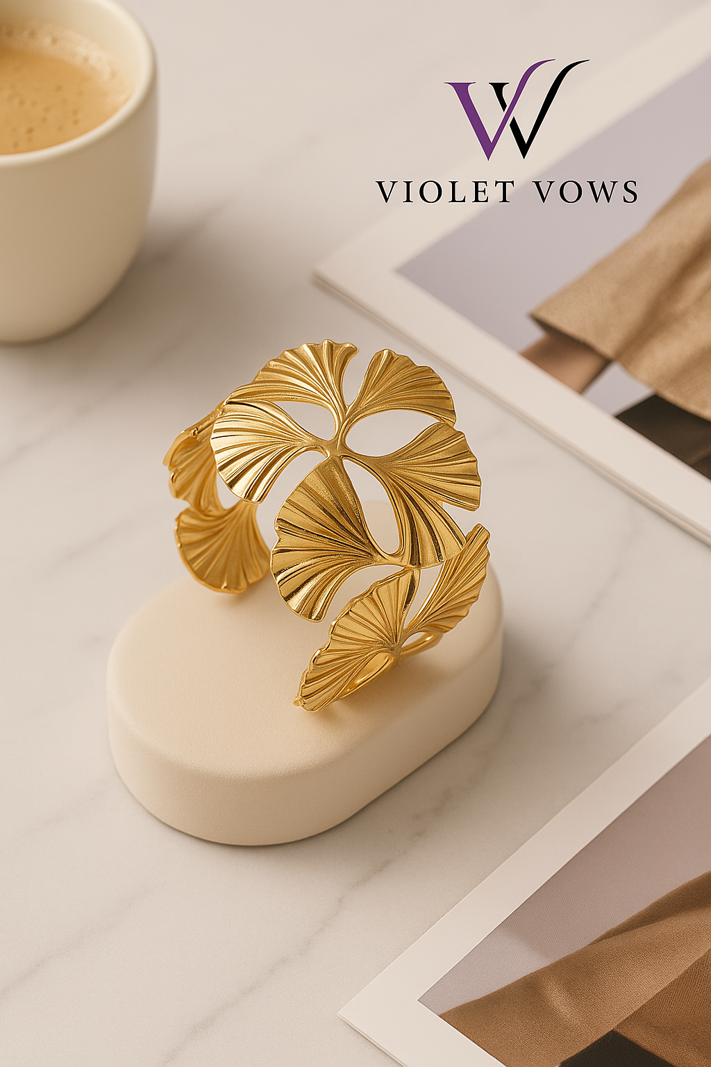 Golden Ginkgo Leaf Cuff Bracelet - Botanical Statement Piece