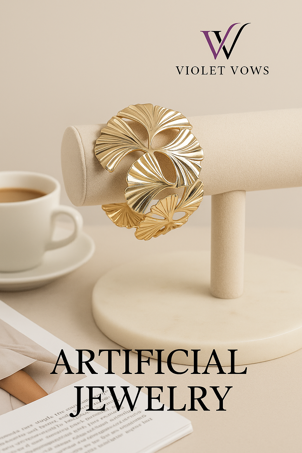 Golden Ginkgo Leaf Cuff Bracelet - Botanical Statement Piece