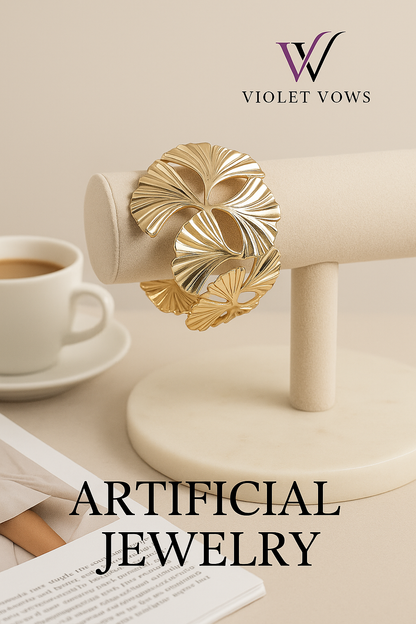 Golden Ginkgo Leaf Cuff Bracelet - Botanical Statement Piece