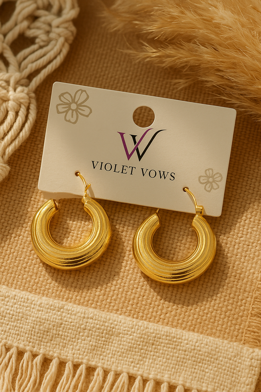 Golden Ribbed Crescent Hoops - Statement Everyday Earrings