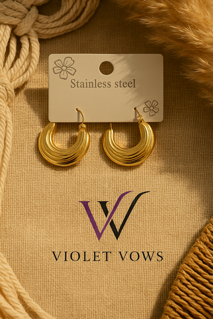 Golden Ribbed Crescent Hoops - Statement Everyday Earrings