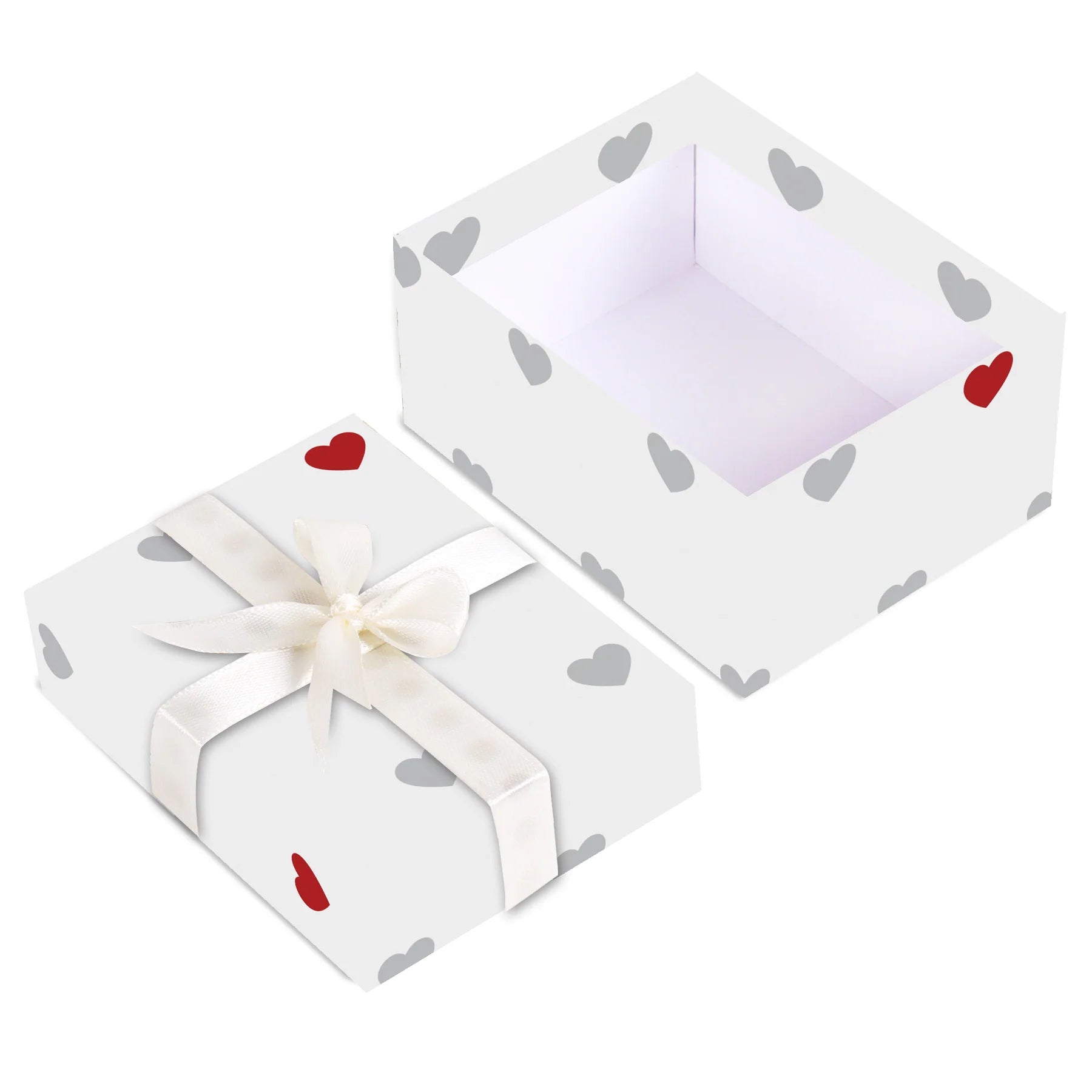 A white square gift box with a lid, decorated with small gray hearts and red hearts, shown both closed with a white ribbon bow and open to display the interior.