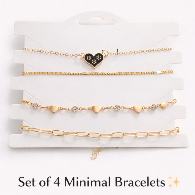 Set of 4 minimal gold bracelets on a white card with 'Set of 4 Minimal Bracelets' text.