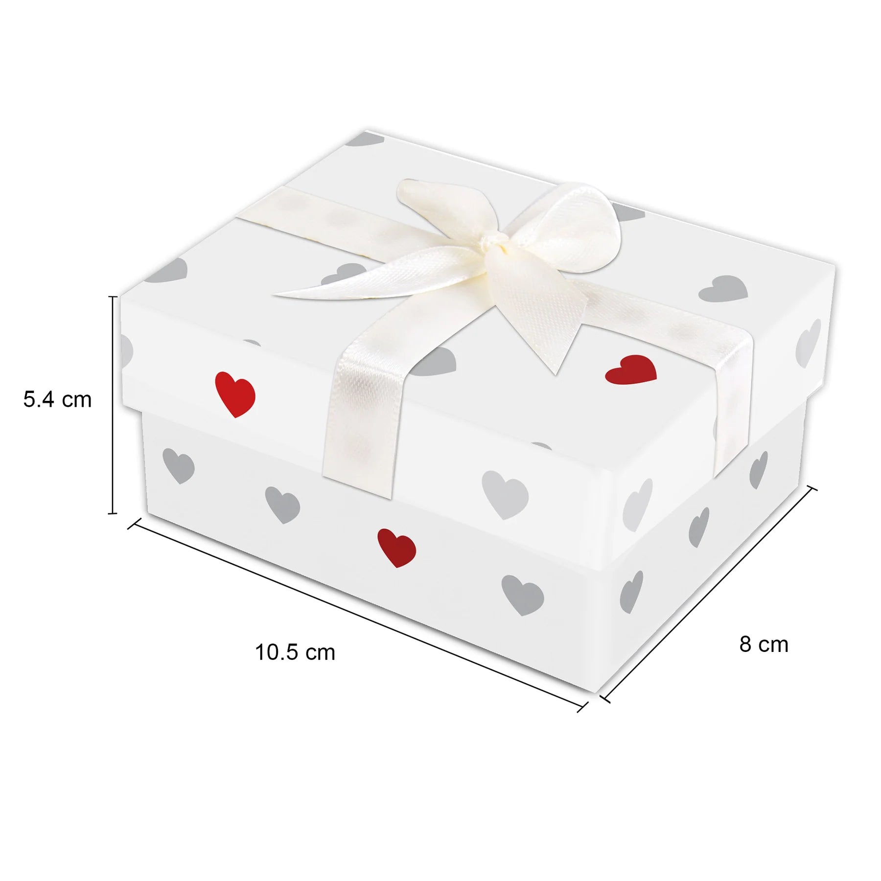 A white gift box with a white satin ribbon and bow, decorated with small gray and red hearts, shown with dimension lines indicating 10.5 cm length, 8 cm width, and 5.
