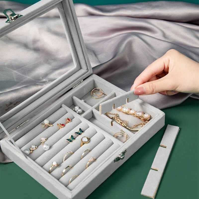 Velvet Jewelry Organizer Box with Glass Lid – Adjustable Ring, Earring & Bracelet Storage (Any Random Colour, No Jewellery Included))