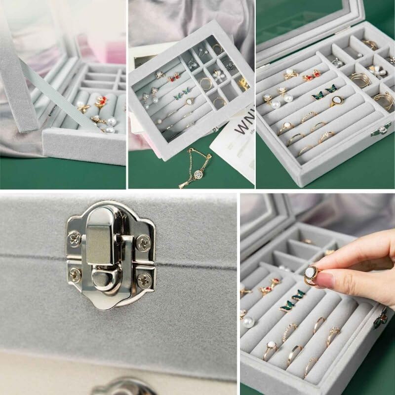 Velvet Jewelry Organizer Box with Glass Lid – Adjustable Ring, Earring & Bracelet Storage (Any Random Colour, No Jewellery Included))