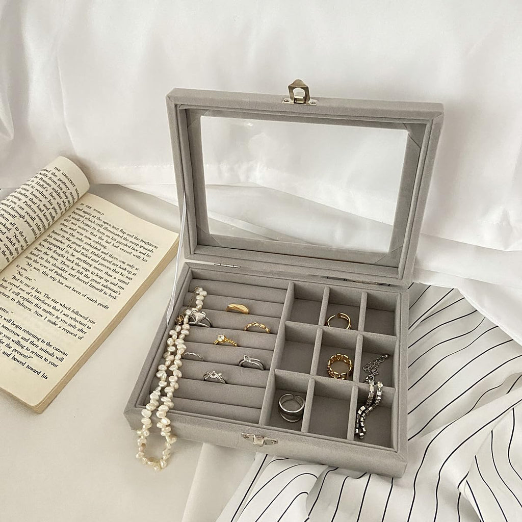 Velvet Jewelry Organizer Box with Glass Lid – Adjustable Ring, Earring & Bracelet Storage (Any Random Colour, No Jewellery Included))