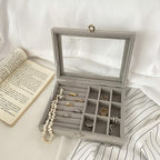 Velvet Jewelry Organizer Box with Glass Lid – Adjustable Ring, Earring & Bracelet Storage (Any Random Colour, No Jewellery Included))
