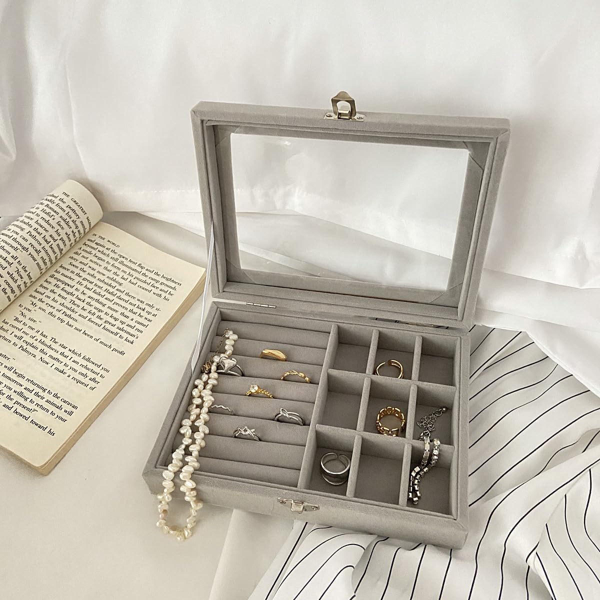 Velvet Jewelry Organizer Box with Glass Lid – Adjustable Ring, Earring & Bracelet Storage (Any Random Colour, No Jewellery Included))