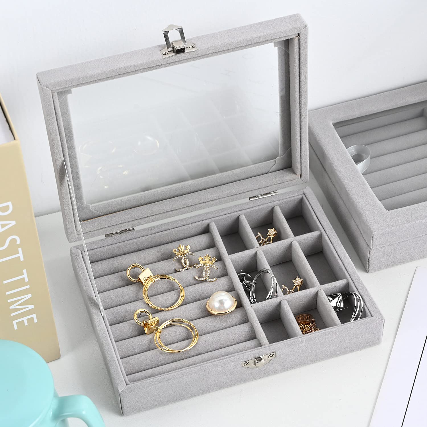 Velvet Jewelry Organizer Box with Glass Lid – Adjustable Ring, Earring & Bracelet Storage (Any Random Colour, No Jewellery Included))